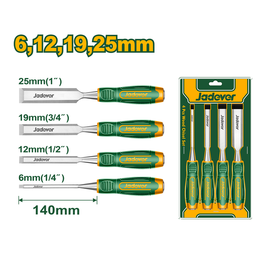 JADEVER JEU DE 4 CISEAUX A BOIS 12MM -19MM-25MM