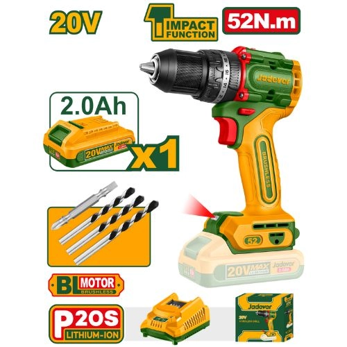 Perceuse à percussion 20V Compacte Brushless 52N.m avec 1 Batt 2,0Ah+Chargeur JADEVER JDCDP5282 au Maroc