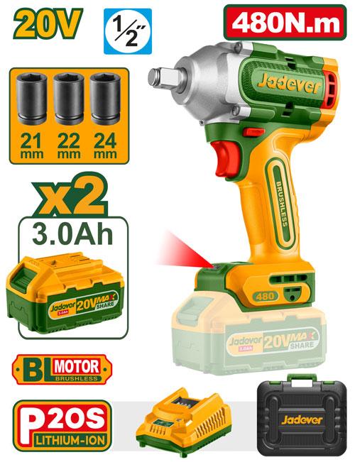 BOULONNEUSE BRUSHLESS 20V 1/2 480NM 2 BATTERIES 3.0AH JADEVER JDCD1B48 au Maroc