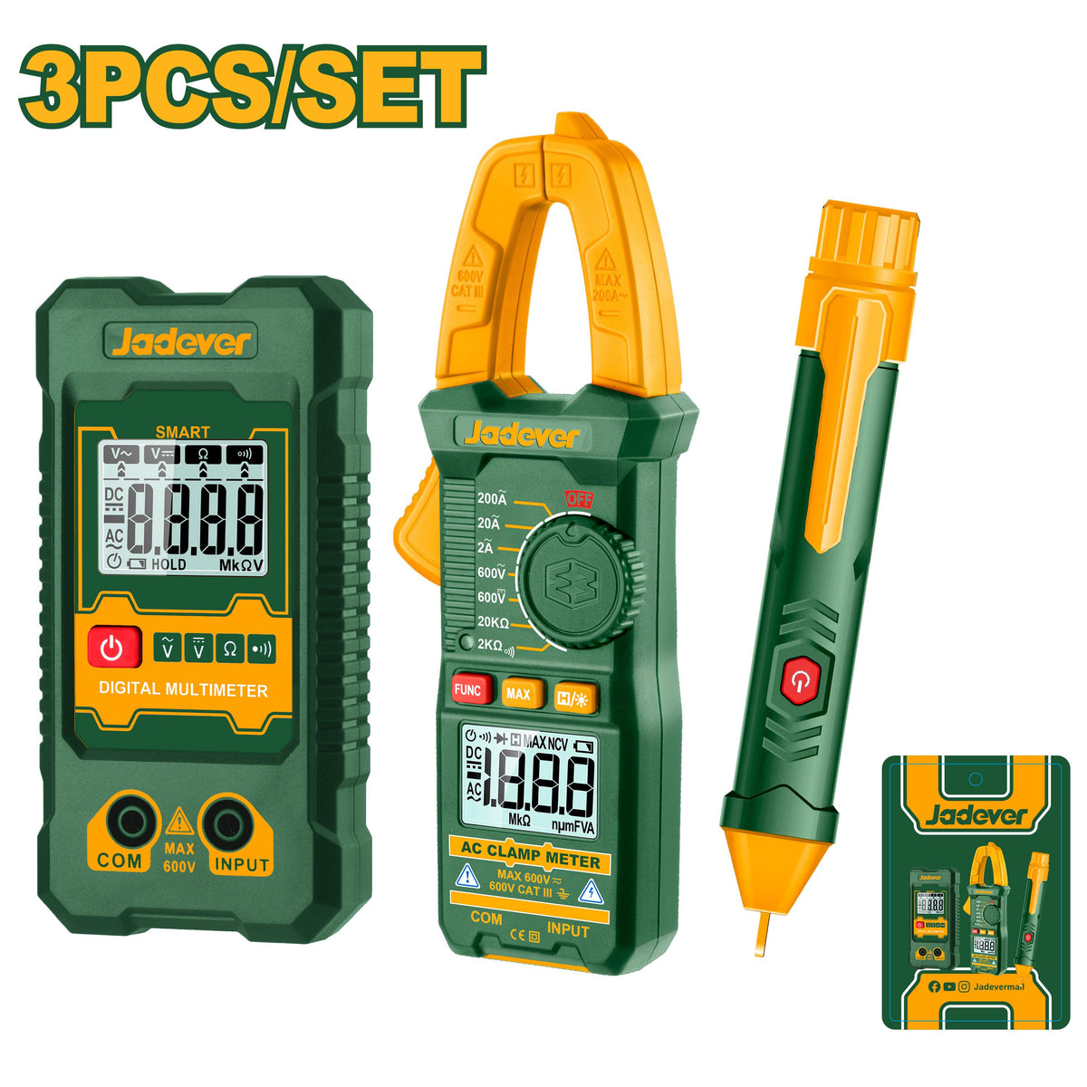 TROUSSE DE TEST ÉLECTRIQUE PINCE AMPEREMETRIQUE+ MULTIMETRE +DETECTEUR DE TENSION JADEVER JDDM94011 au Maroc