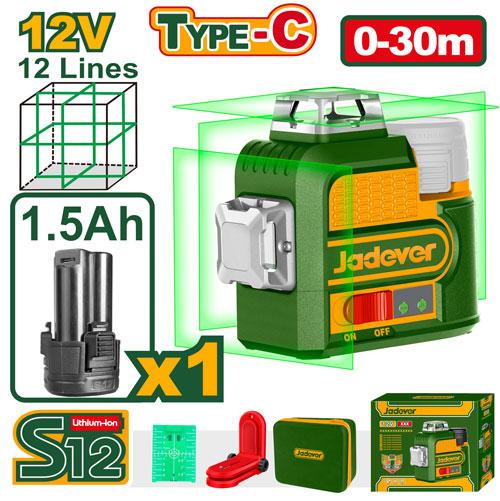 NIVEAU LASER 3D 12LIGNES 12V 1 BATTERIE 1.5AH TYPE C SANS CHARGEUR JADEVER JDLE8M12 au Maroc