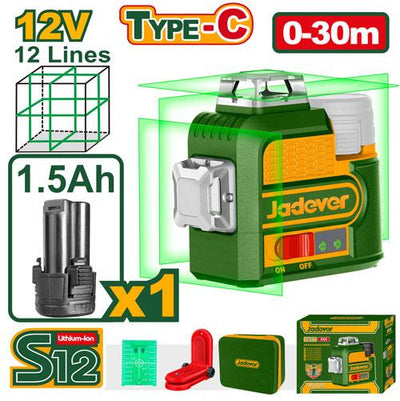 JADEVER NIVEAU LASER 3D 12LIGNES 12V 1 BATTERIE 1.5AH TYPE C SANS CHARGEUR AU MAROC [JDLE8M12]