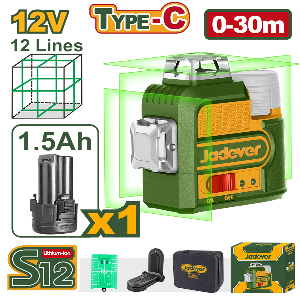 JADEVER NIVEAU LASER 3D 12LIGNES 12V 1 BATTERIE 1.5AH TYPE C SANS CHARGEUR