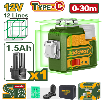 NIVEAU LASER 3D 12LIGNES 12V 1 BATTERIE 1.5AH TYPE C SANS CHARGEUR JADEVER JDLE8M12 au Maroc