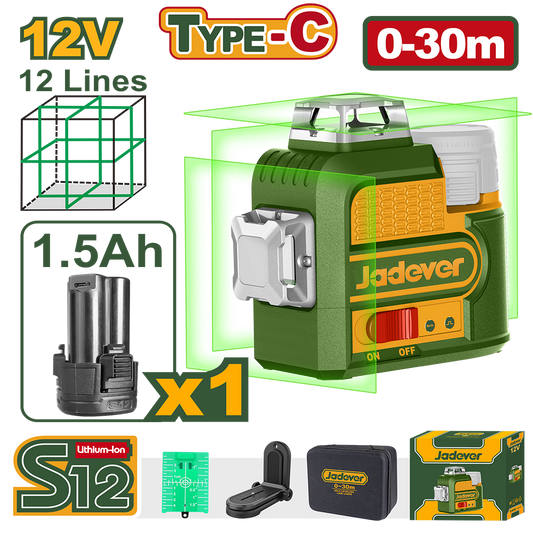 JADEVER NIVEAU LASER 3D 12LIGNES 12V 1 BATTERIE 1.5AH TYPE C SANS CHARGEUR