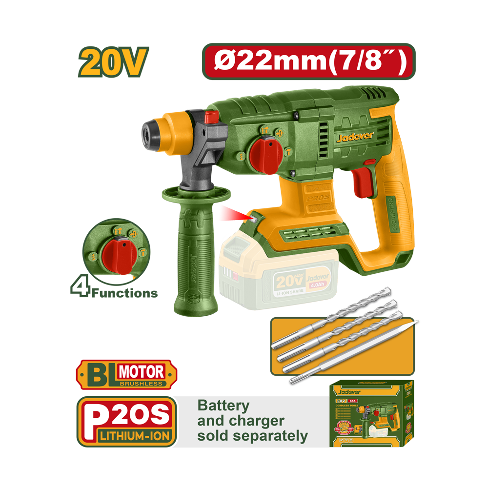 JADEVER MARTEAU PERFORATEUR BRUSHLESS 20V 22MM SANS BATTERIE SANS CHARGEUR