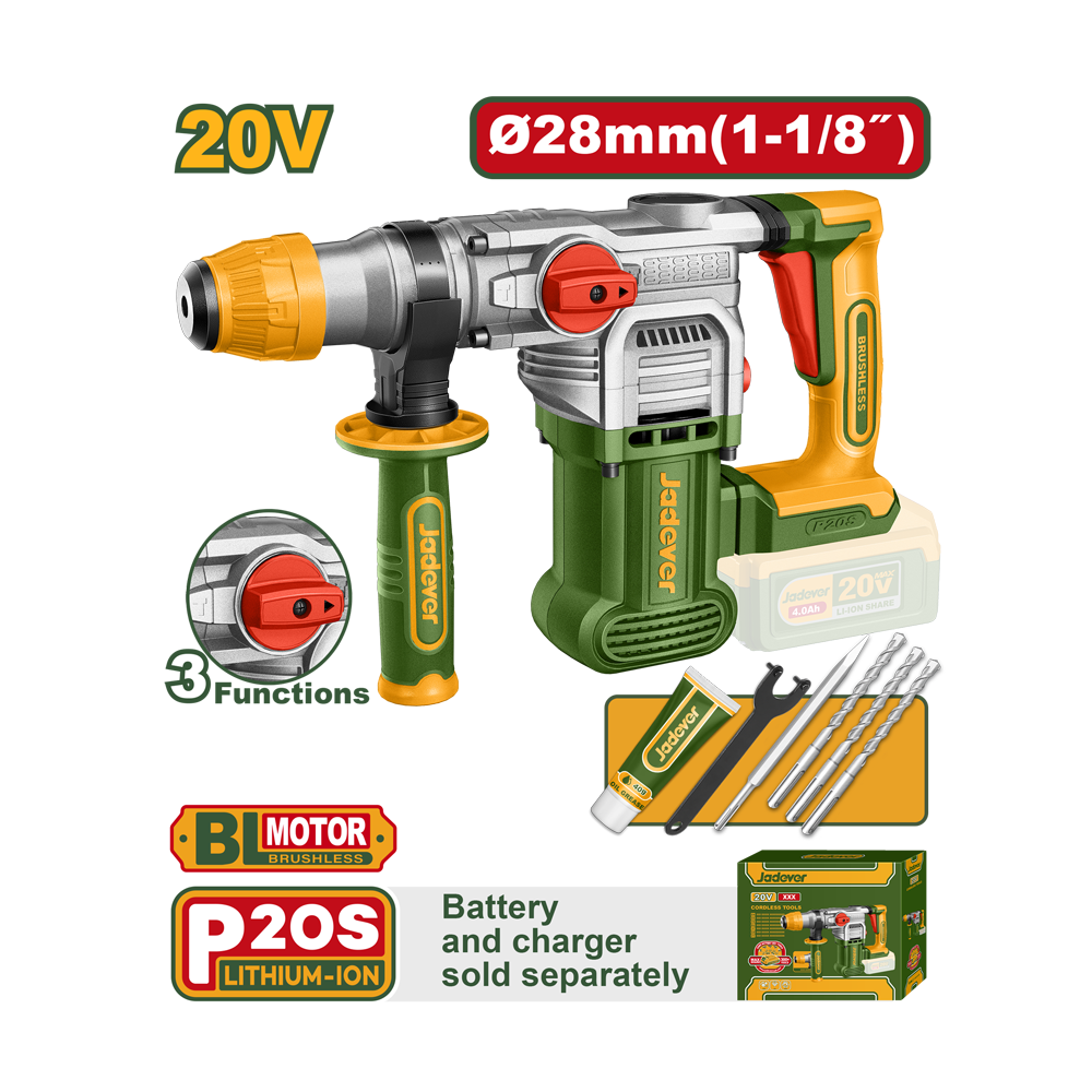 JADEVER MARTEAU PERFORATEUR BRUSHLESS 20V 28MM SANS BATTERIE SANS CHARGEUR