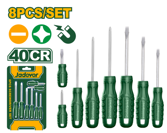 JADEVER JEU DE 8 TOURNEVIS SL6,5X38 PH2X38 SL3X75 SL5,5 X75 SL6,5X100 PH0X75 PH1X72 PH2X100