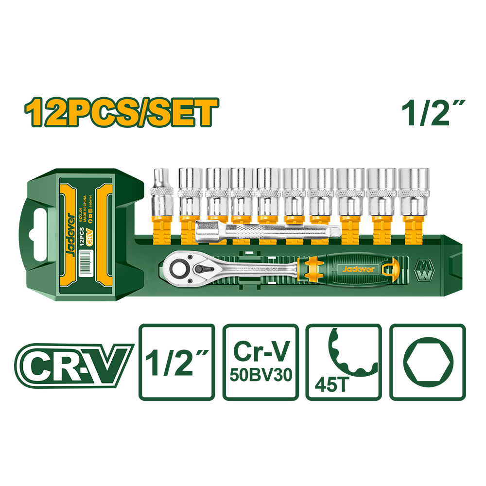 JADEVER JEU DE 12 DOUILLES AVEC CLIQUET 1/2"