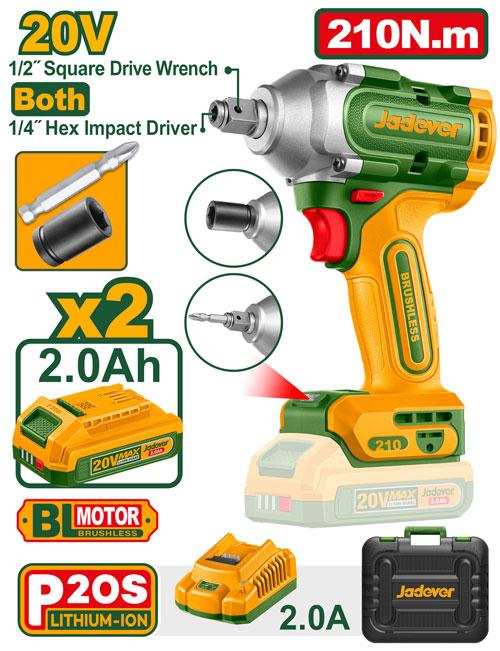 BOULONNEUSE BRUSHLESS 2EN1/ 20 V ET CLÉ A CHOC 1/4 2BATT +CHARGEUR JADEVER JDCD3B21 au Maroc