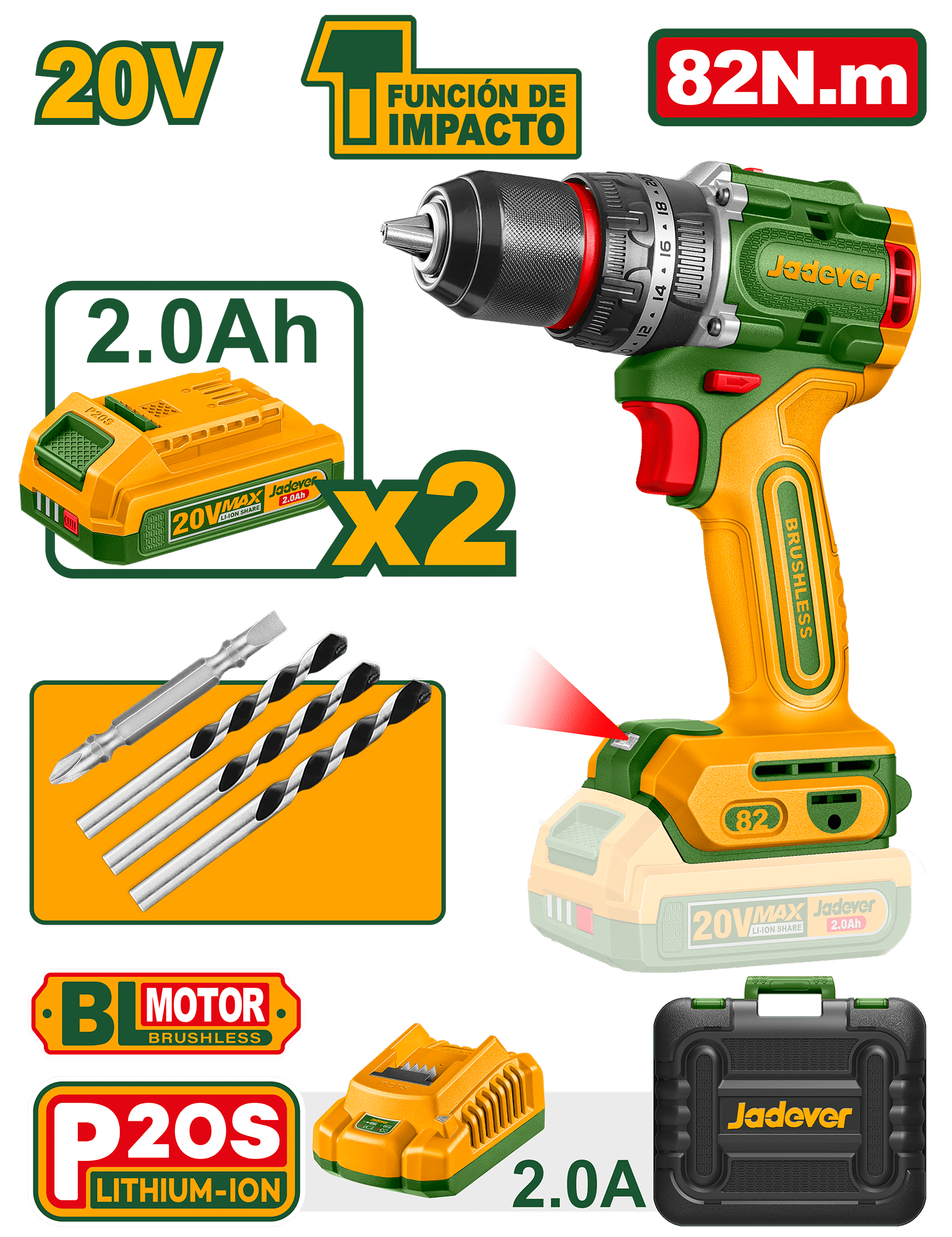 Perceuse à Percussion 20V 82N.m +2Batt 2,0Ah/Chargeur Jadever JADEVER JDCDP8285 au Maroc