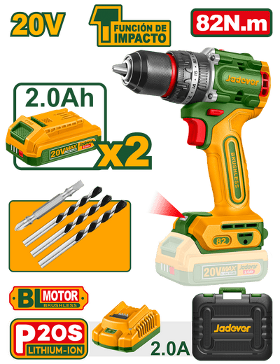 JADEVER PERCEUSE À PERCUSSION 20V 82N.M +2BATT 2,0AH/CHARGEUR JADEVER AU MAROC [JDCDP8285]