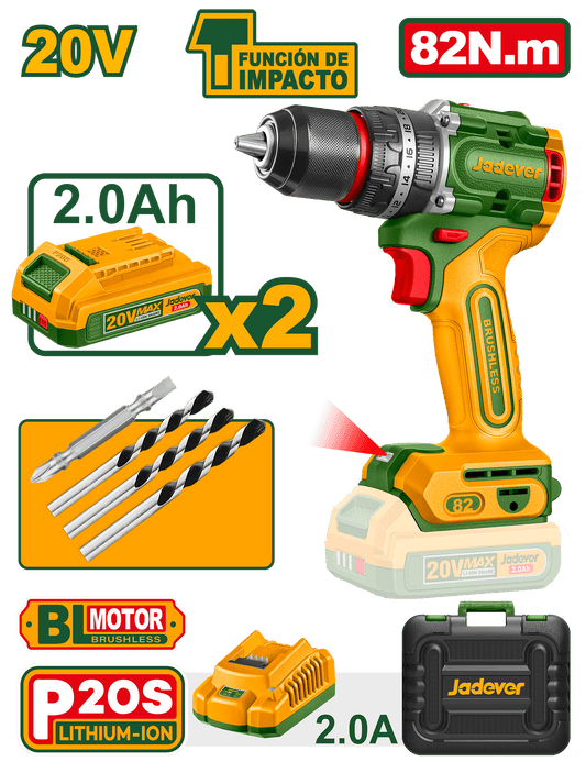 Perceuse à Percussion 20V 82N.m +2Batt 2,0Ah/Chargeur Jadever JADEVER JDCDP8285 au Maroc