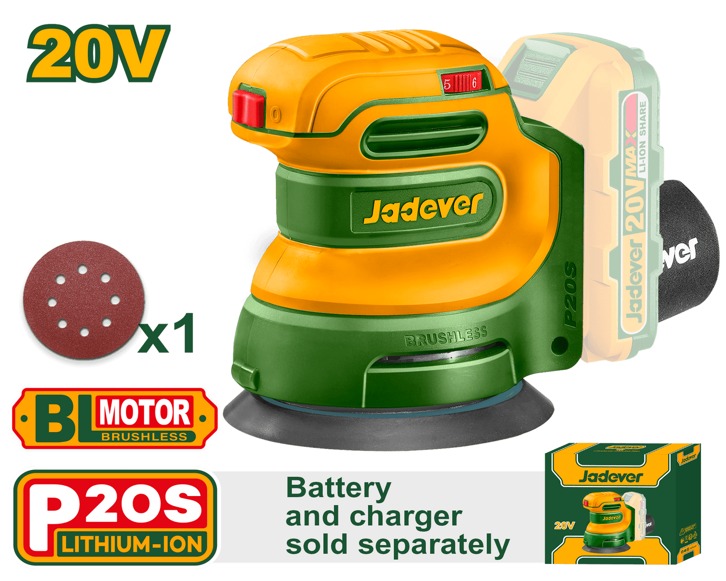 Ponceuse Excentrique Brushless 20V Sans Batterie Sans Chargeur JADEVER JDRAP5030 au Maroc